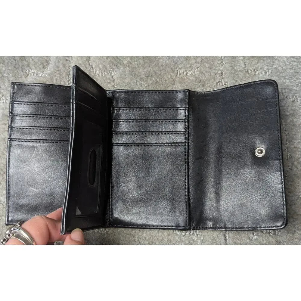 Wilsons Black Leather Trifold Wallet WOMENS SMALL buckle white stitch minimalist